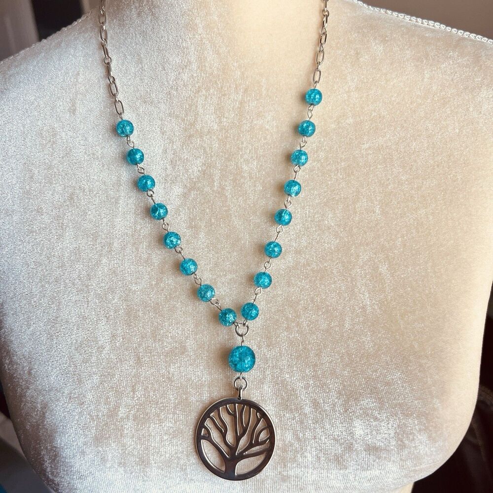 Turquoise Beaded Necklace Tree Of Life Pendant 24” Handmade